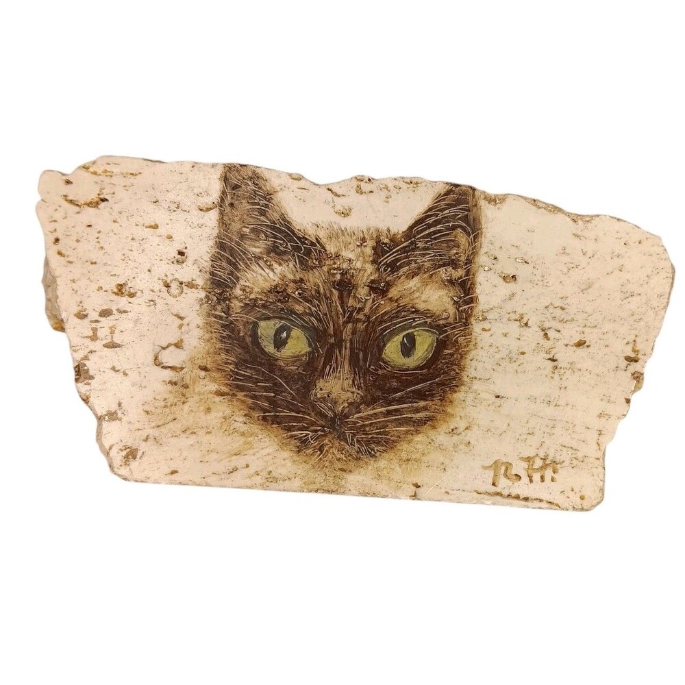 Original Painting Black Cat With Green Eyes On Rock Slab Signed RH 5.5" X 2.75"